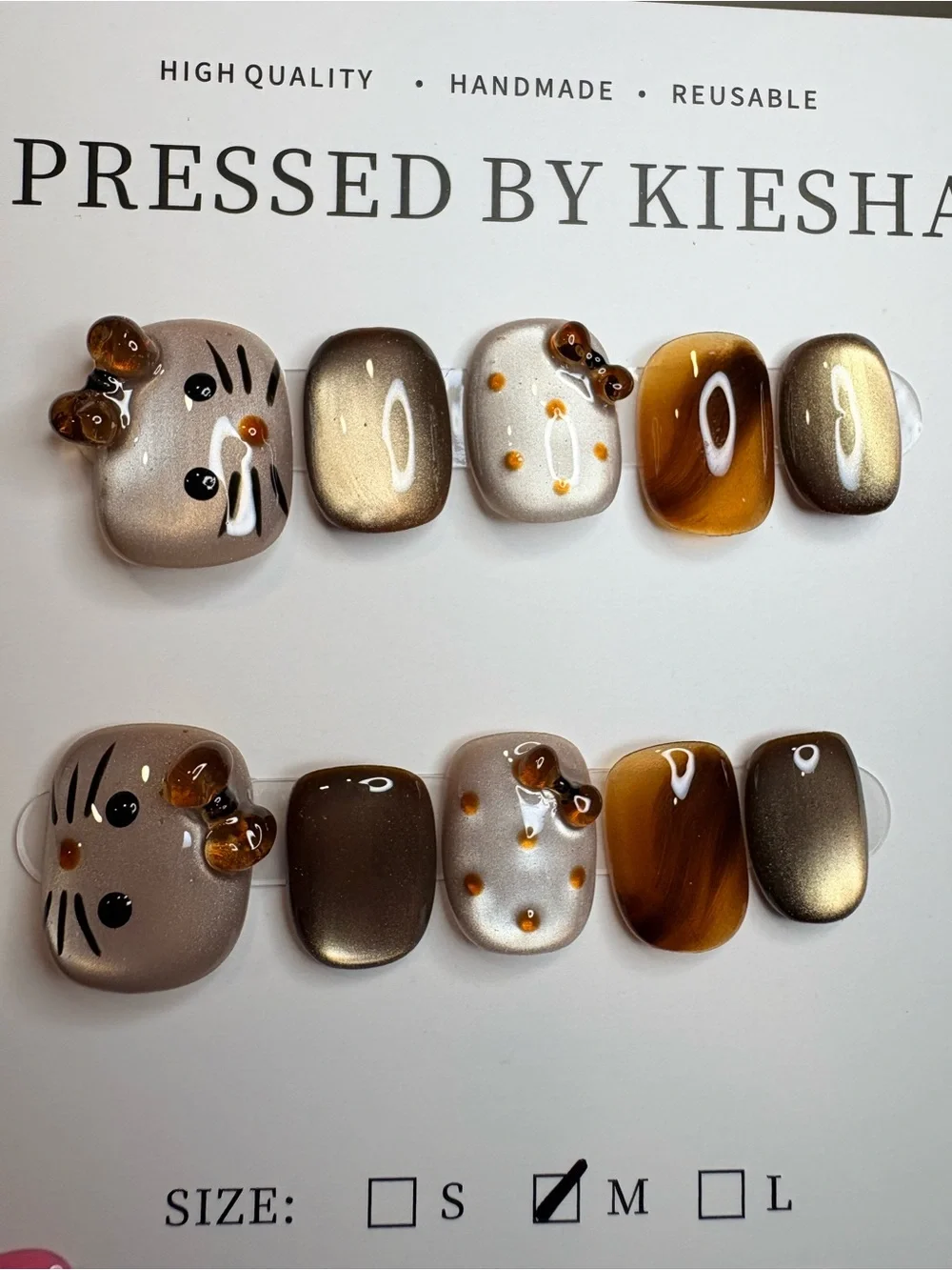 Brown & Gold Cat Accent Press-On Nails